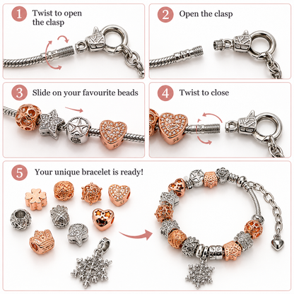 Winter Wonderland Rose & Silver-Plated Charm Bracelet with 12 Beads and Snowflake Charm Pendant