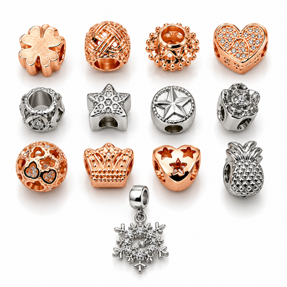 Winter Wonderland Rose & Silver-Plated Charm Bracelet with 12 Beads and Snowflake Charm Pendant