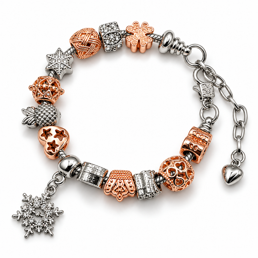 Winter Wonderland Rose & Silver-Plated Charm Bracelet with 12 Beads and Snowflake Charm Pendant