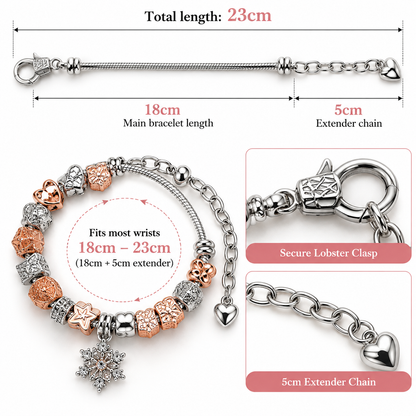Winter Wonderland Rose & Silver-Plated Charm Bracelet with 12 Beads and Snowflake Charm Pendant