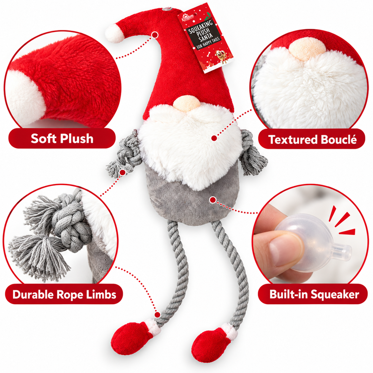 Christmas Squeaking Plush Santa & Rope Plush Gonk Dog Toy