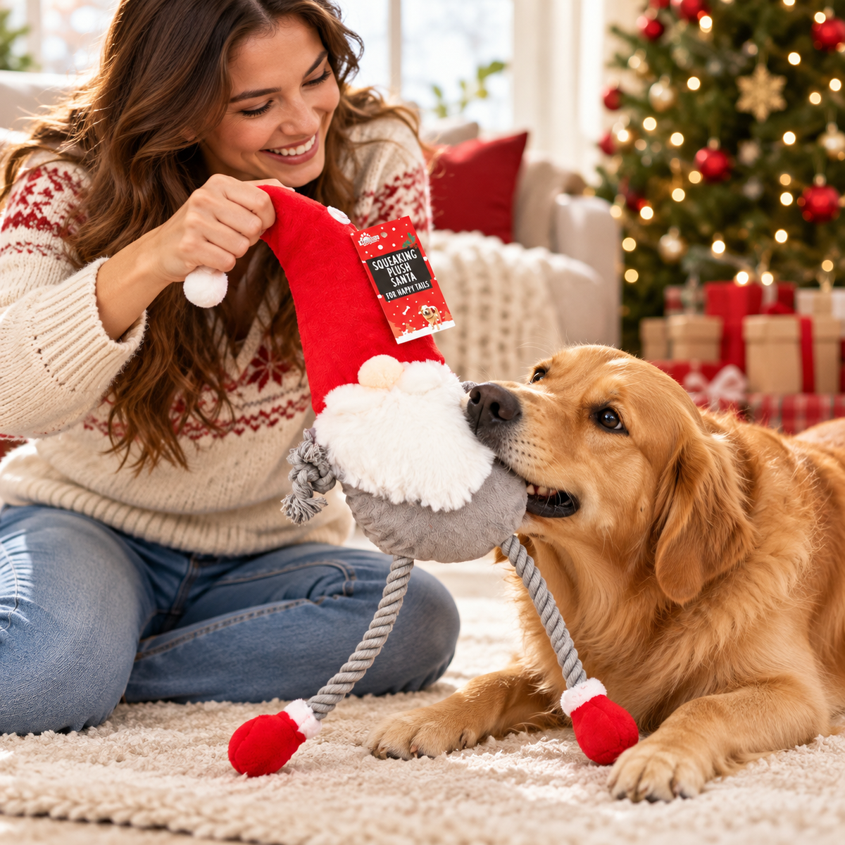 Christmas Squeaking Plush Santa & Rope Plush Gonk Dog Toy