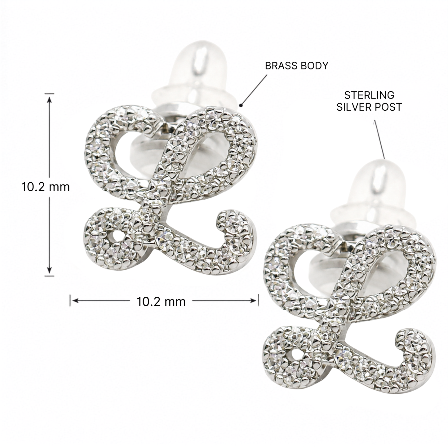 Pave Script L Studs Sterling Silver Earrings