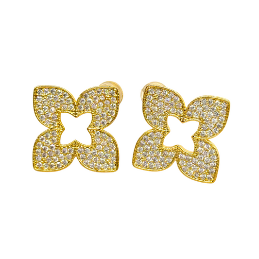Pave Clover Flower Studs Sterling Silver Post Earrings