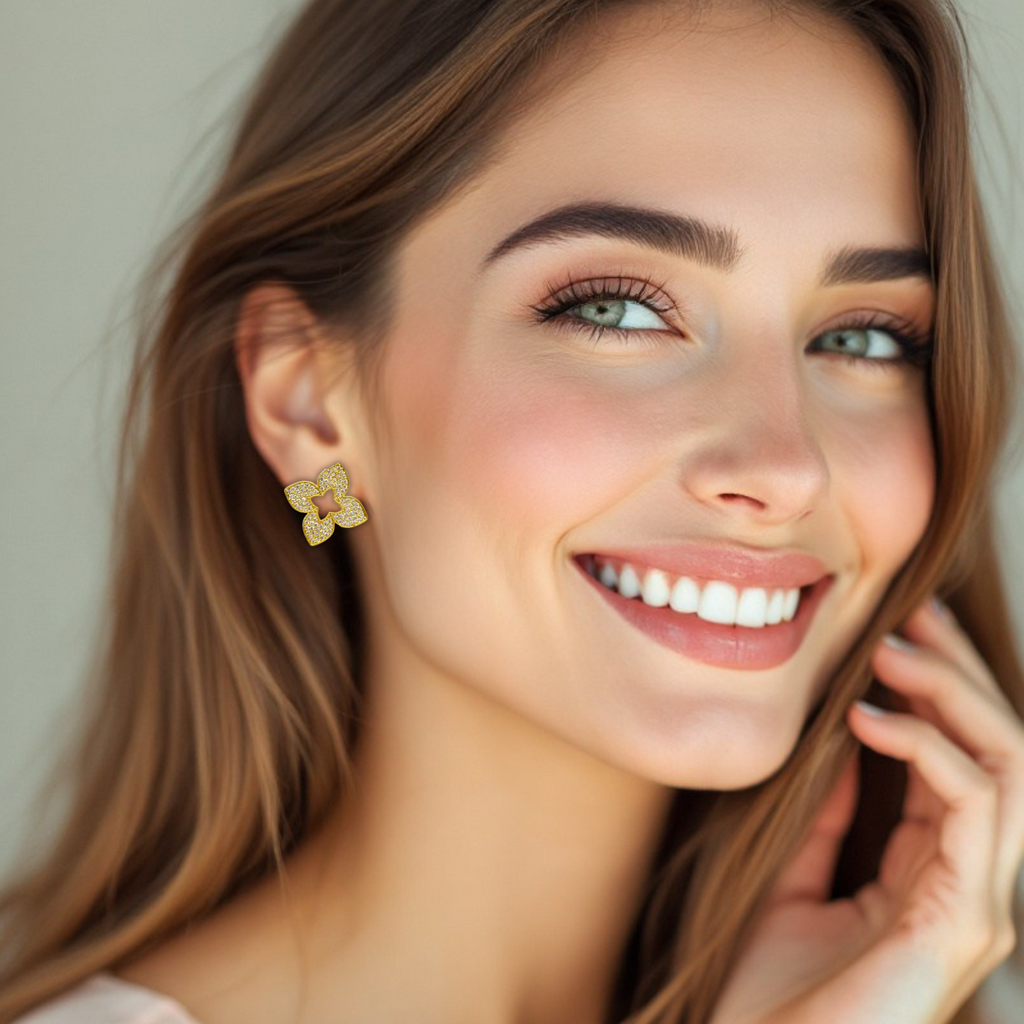 Pave Clover Flower Studs Sterling Silver Post Earrings