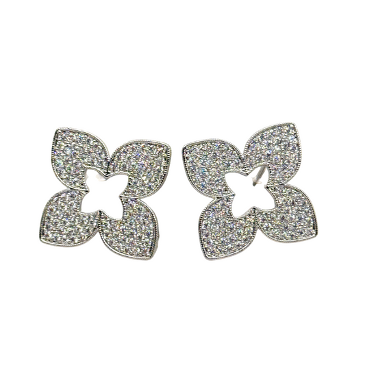 Pave Clover Flower Studs Sterling Silver Post Earrings