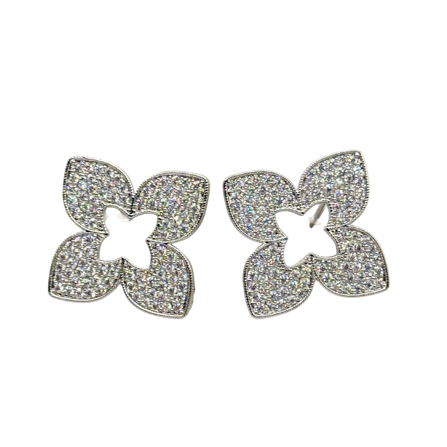 Pave Clover Flower Studs Sterling Silver Post Earrings