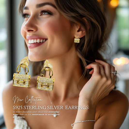 Glittering Mini Hand bag 18K Gold Plated Sterling Silver Post Earrings