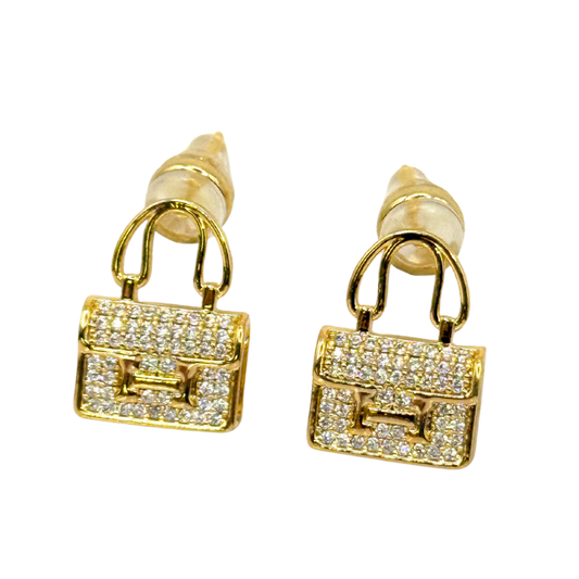 Glittering Mini Hand bag 18K Gold Plated Sterling Silver Post Earrings