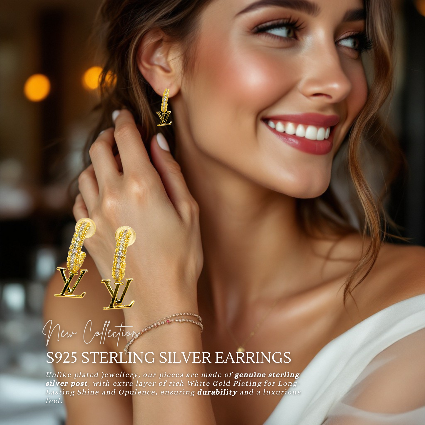 Initial Dangle Hoops 18K Gold Plated Sterling Silver Post Earrings