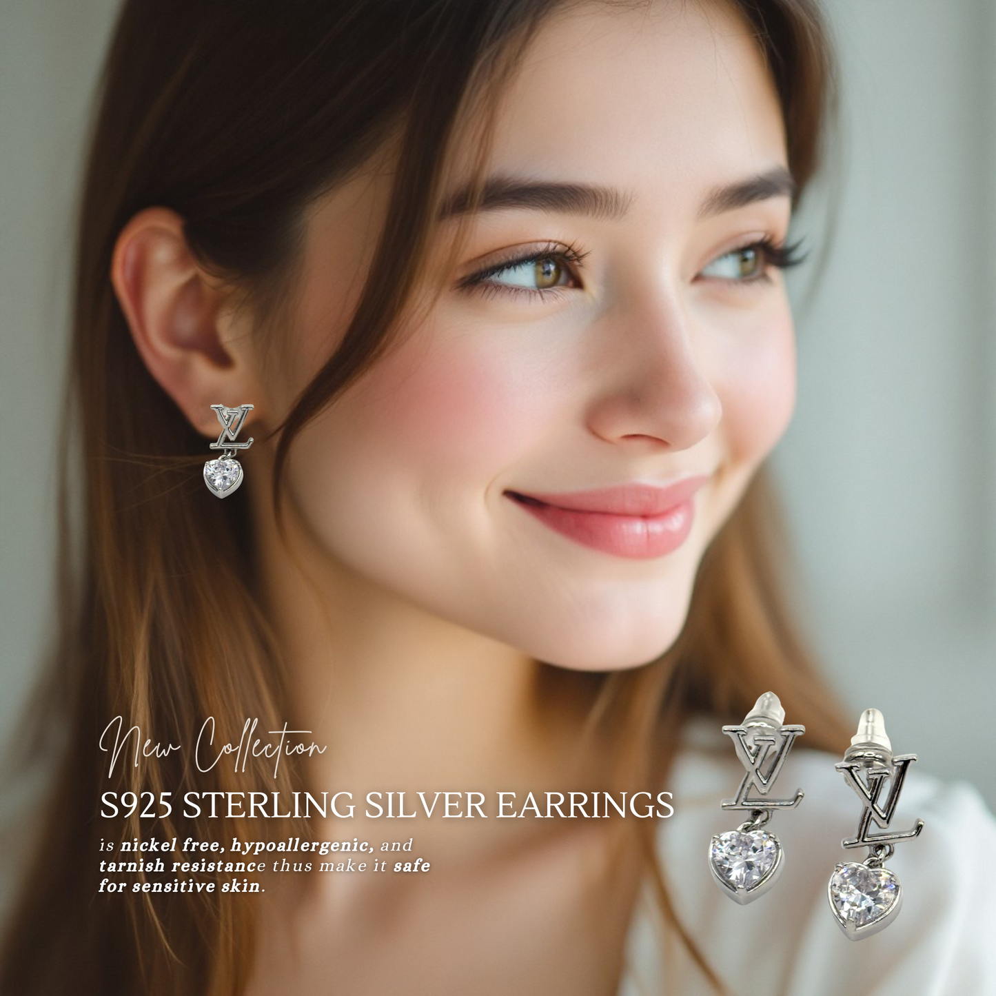 Initial Dangle Heart Crystal Sterling Silver Post Earrings