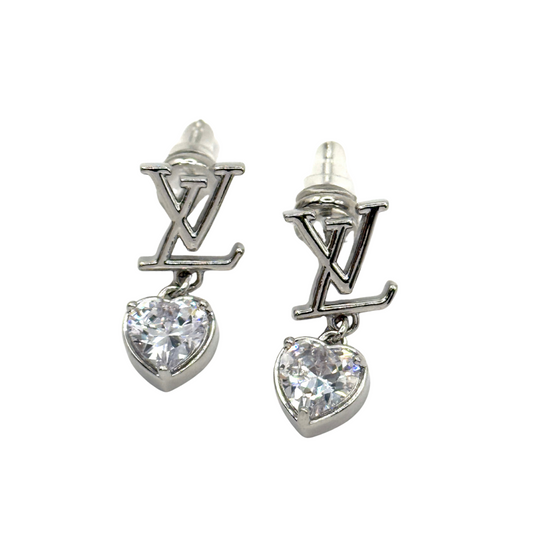 Initial Dangle Heart Crystal Sterling Silver Post Earrings