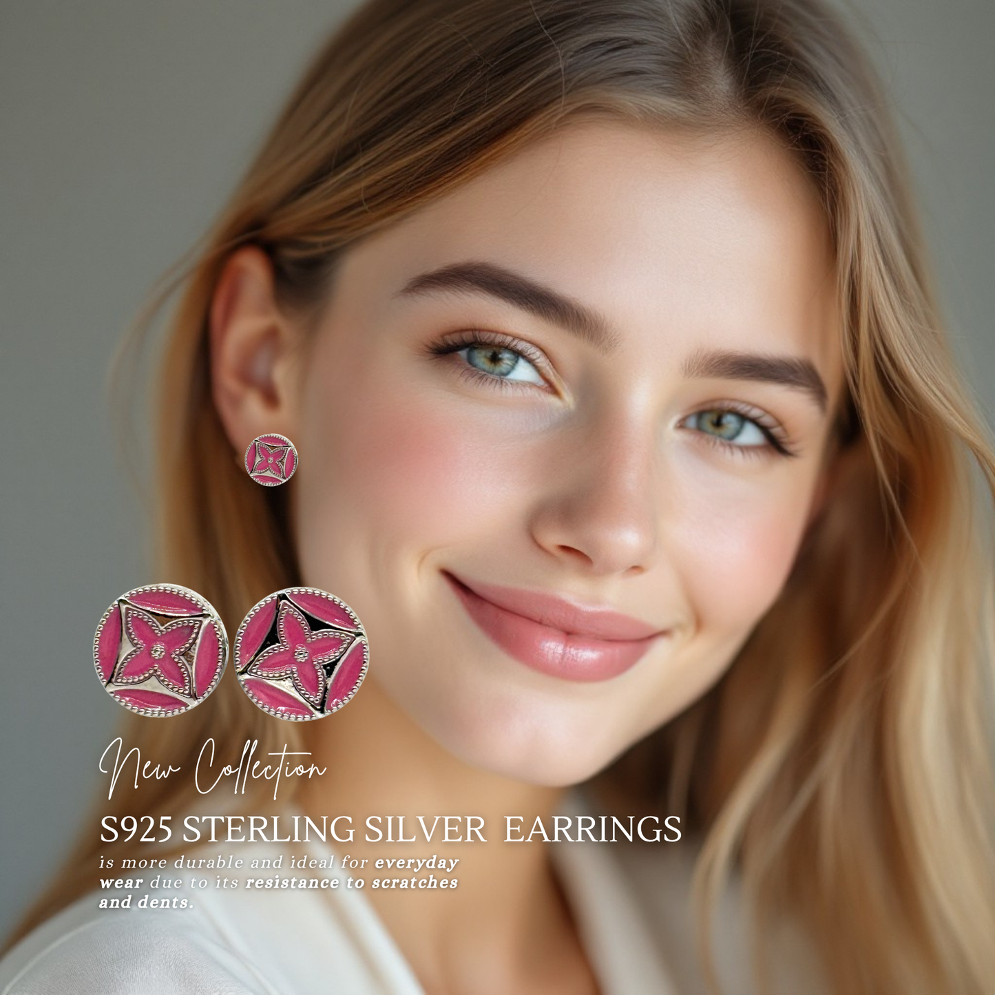 Pink Monogram Clover Sterling Silver Post Earrings
