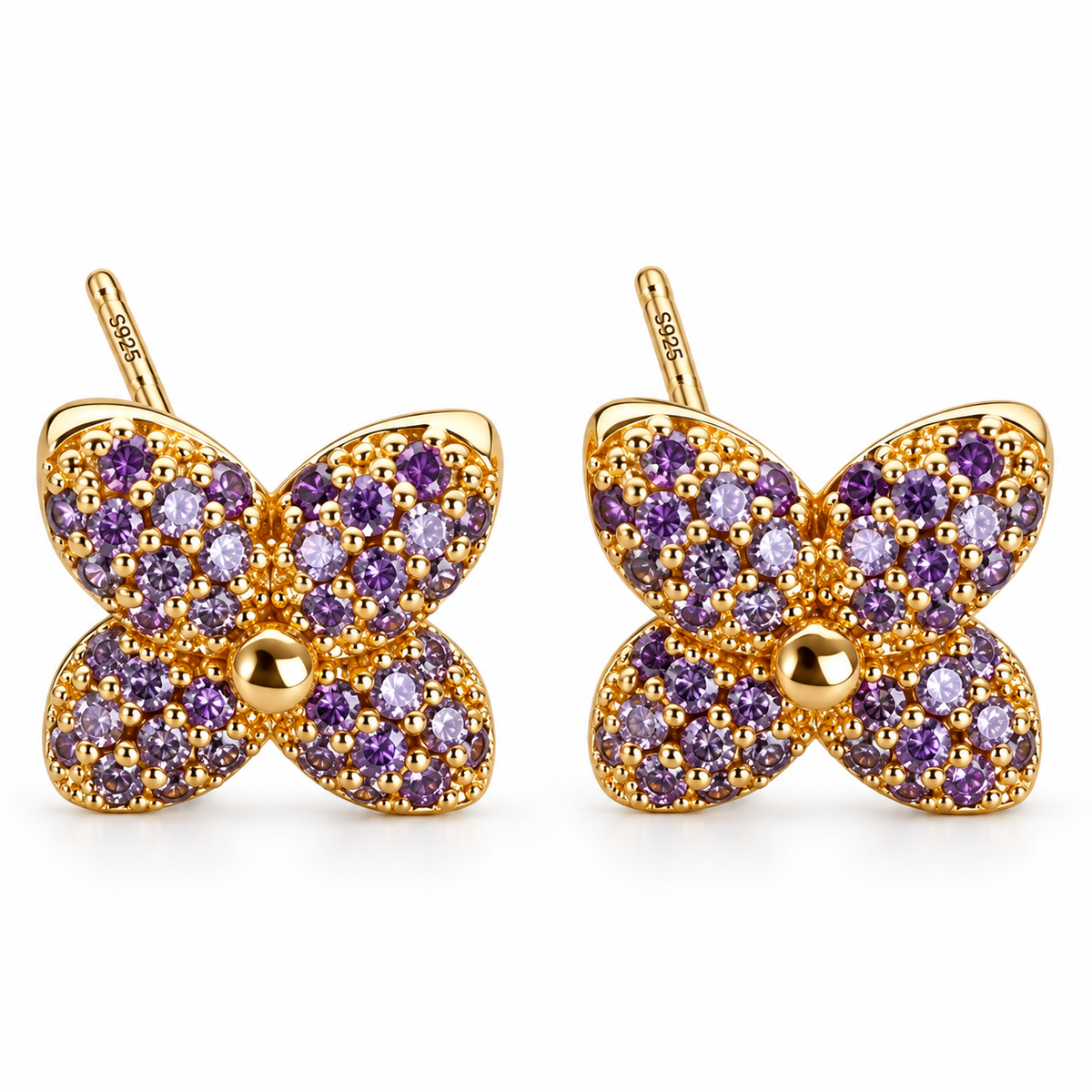 Amethyst Hued Clover Pave Stud Earrings Sterling Silver Post Earrings