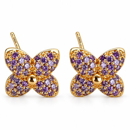 Amethyst Hued Clover Pave Stud Earrings Sterling Silver Post Earrings