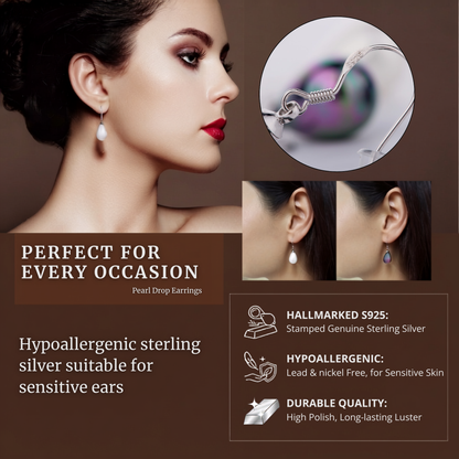 925 Sterling Silver Pearl Drop Earrings with Hallmarks White or Black