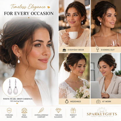 925 Sterling Silver Pearl Drop Earrings with Hallmarks White or Black