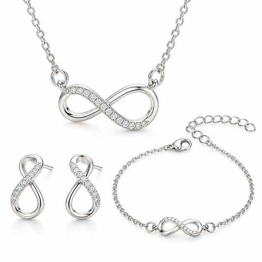 Sterling Silver Infinity Bracelet, Necklace & Earrings Tri Set