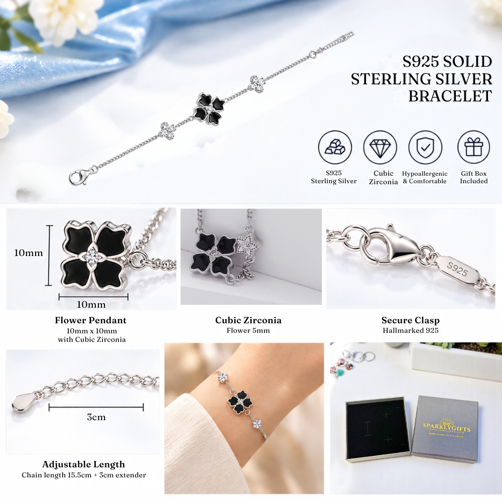 Sterling Silver Apotie Black Cléo Blossom Clover Bracelet Adjustable Stamped S925