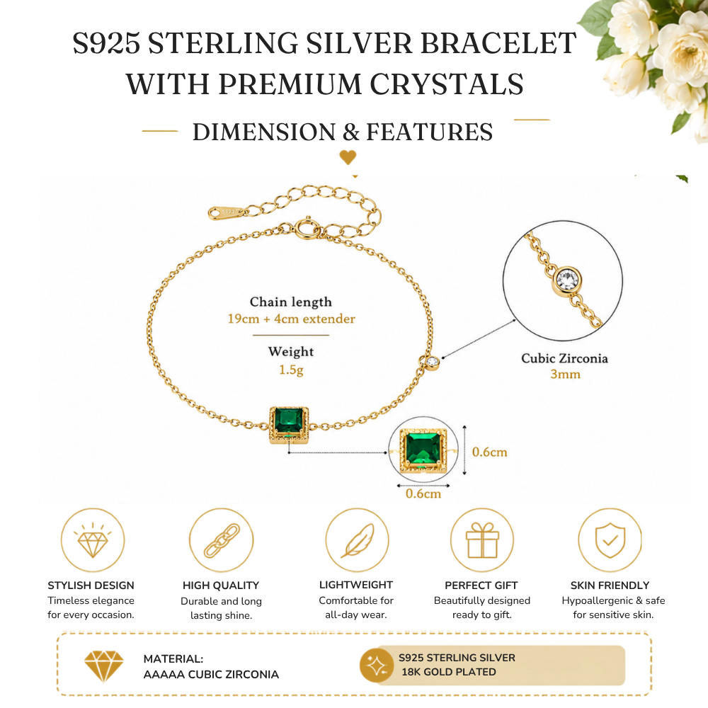 S925 Sterling Silver Emerald Square Charm 18K Yellow Gold Plated C/Z Bracelet