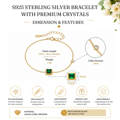 S925 Sterling Silver Emerald Square Charm 18K Yellow Gold Plated C/Z Bracelet