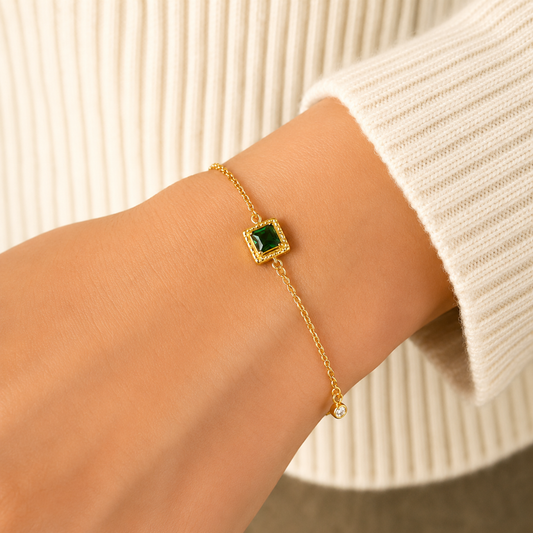 S925 Sterling Silver Emerald Square Charm 18K Yellow Gold Plated C/Z Bracelet