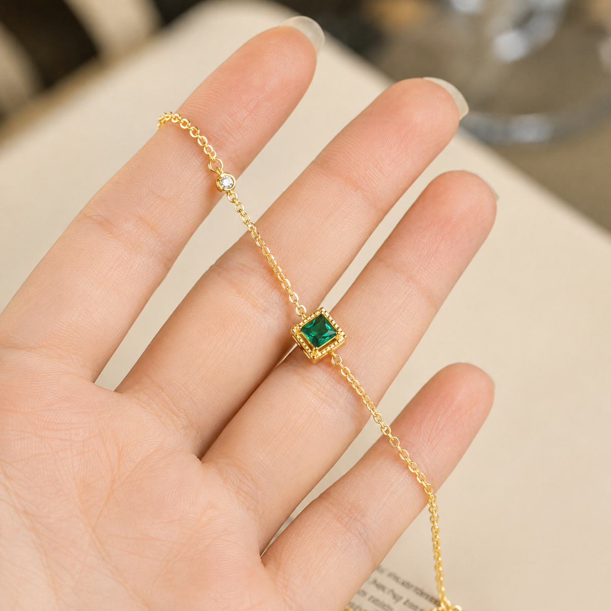 S925 Sterling Silver Emerald Square Charm 18K Yellow Gold Plated C/Z Bracelet