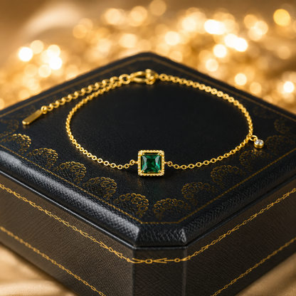 S925 Sterling Silver Emerald Square Charm 18K Yellow Gold Plated C/Z Bracelet