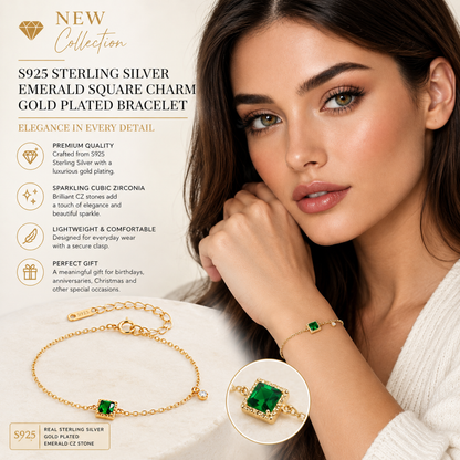 S925 Sterling Silver Emerald Square Charm 18K Yellow Gold Plated C/Z Bracelet