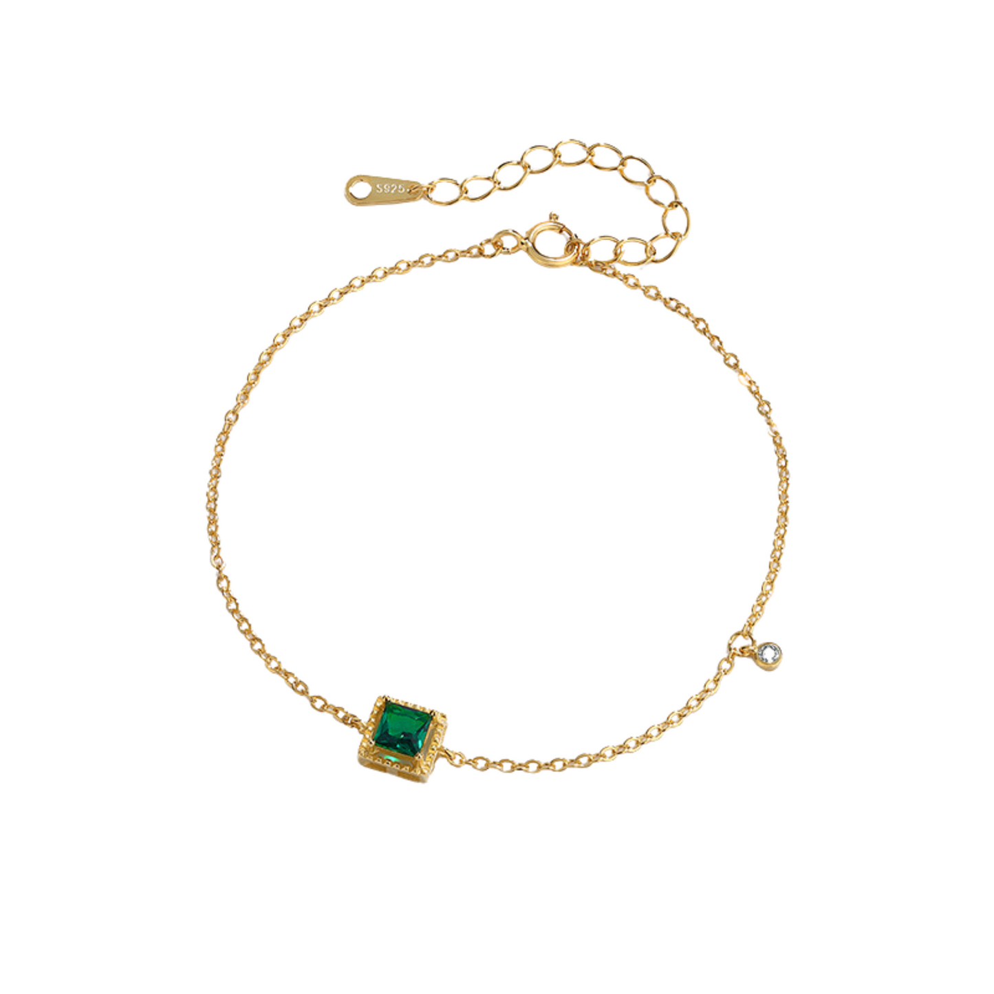 S925 Sterling Silver Emerald Square Charm 14K Yellow Gold Plated C/Z Bracelet