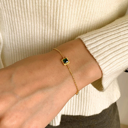 S925 Sterling Silver Emerald Square Charm 14K Yellow Gold Plated C/Z Bracelet