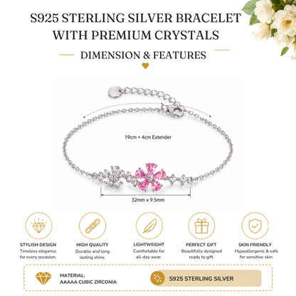 S925 Sterling Silver Pink & White Flower Cubic Zirconia Bracelet