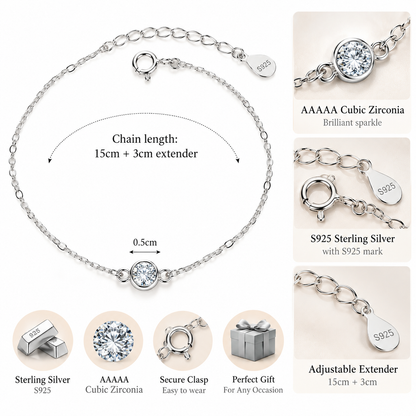 Sterling Silver Sparkling 5mm Solitaire Bracelet Adjustable S925 Hallmark