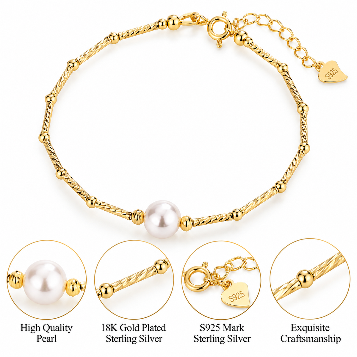 S925 Sterling Silver Pearl Bamboo 18K Gold Plated Bracelet