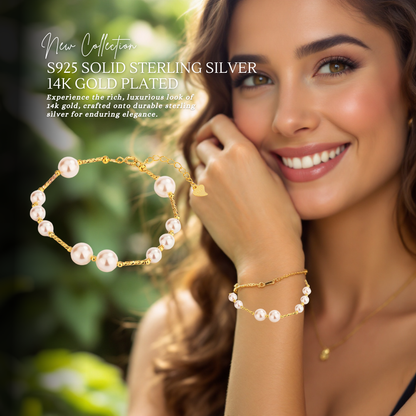 S925 Sterling Silver Classic Pearl Station 14K Gold Plated Bracelet