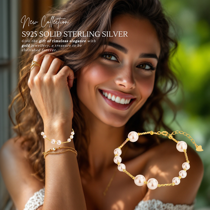 S925 Sterling Silver Classic Pearl Station 14K Gold Plated Bracelet