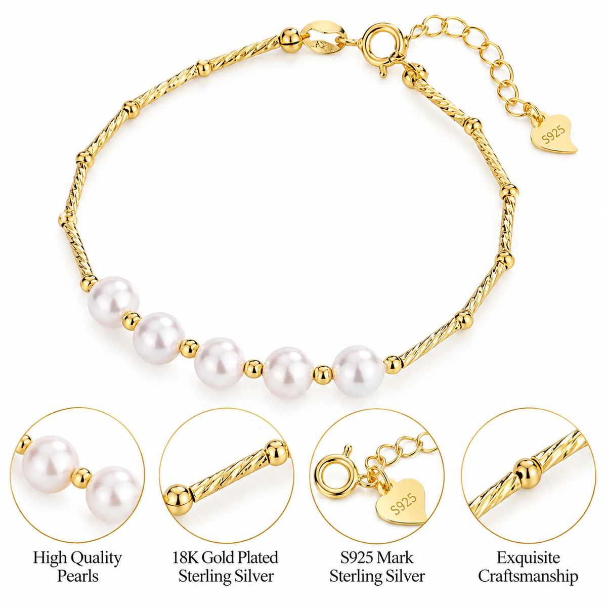 Sterling Silver Gold Bamboo & Lara Pearl  18K Gold Plated Bracelet