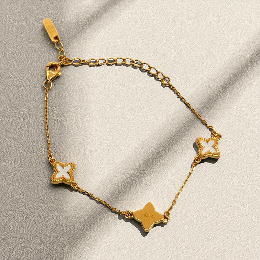 S925 Sterling Silver Golden Clover Charm Bracelet