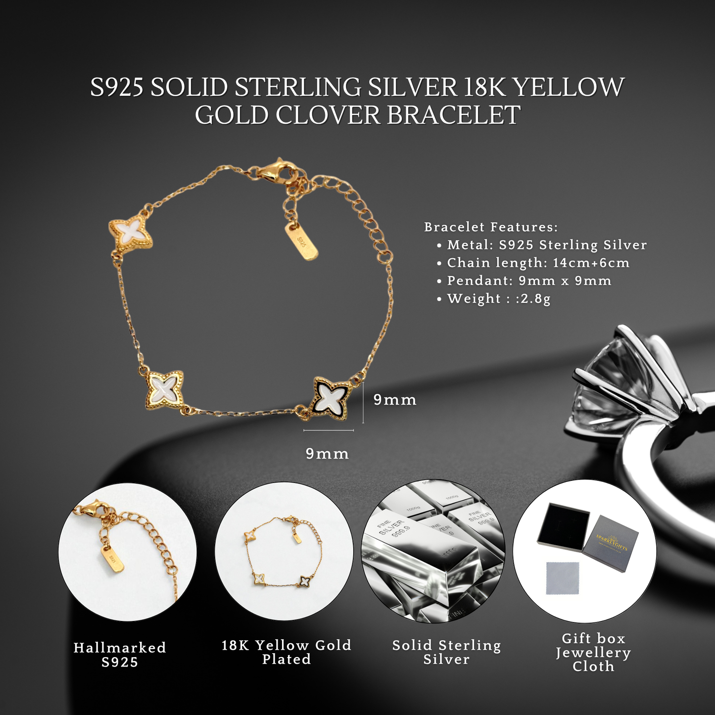S925 Sterling Silver Golden Clover Charm Bracelet