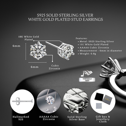 S925 Sterling Silver Solitaire Stud Earrings 6mm