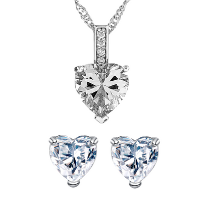 Sterling Silver Heart Zircon Pendant Necklace & Stud Earrings Set