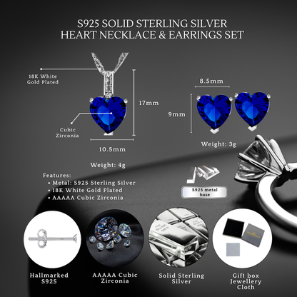 Sterling Silver Heart Zircon Pendant Necklace & Stud Earrings Set
