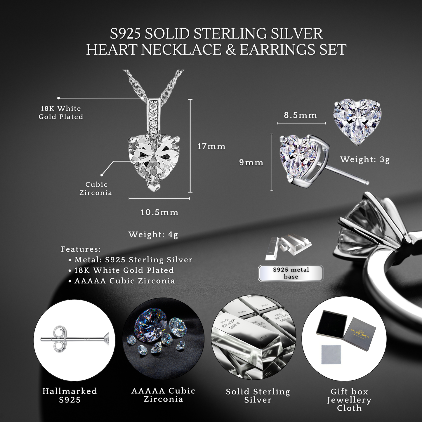 Sterling Silver Heart Zircon Pendant Necklace & Stud Earrings Set