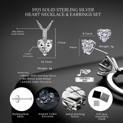 Sterling Silver Heart Zircon Pendant Necklace & Stud Earrings Set