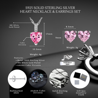 Sterling Silver Heart Zircon Pendant Necklace & Stud Earrings Set