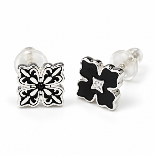 Sterling Silver Apotie Black Cléo Blossom Clover Stud Earrings S925 Hallmark