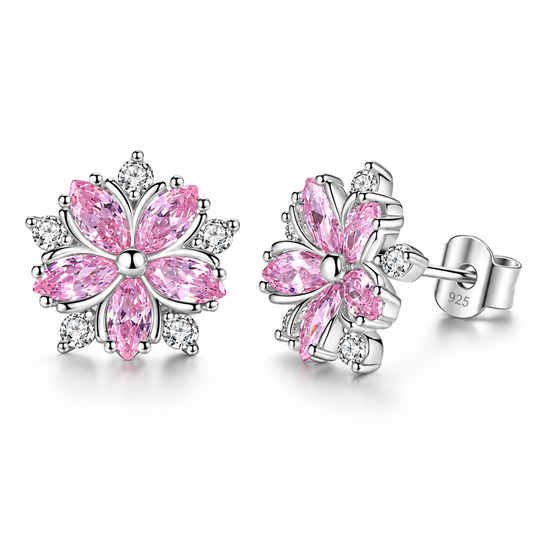 S925 Sterling Silver Pink Flower Stud Earrings