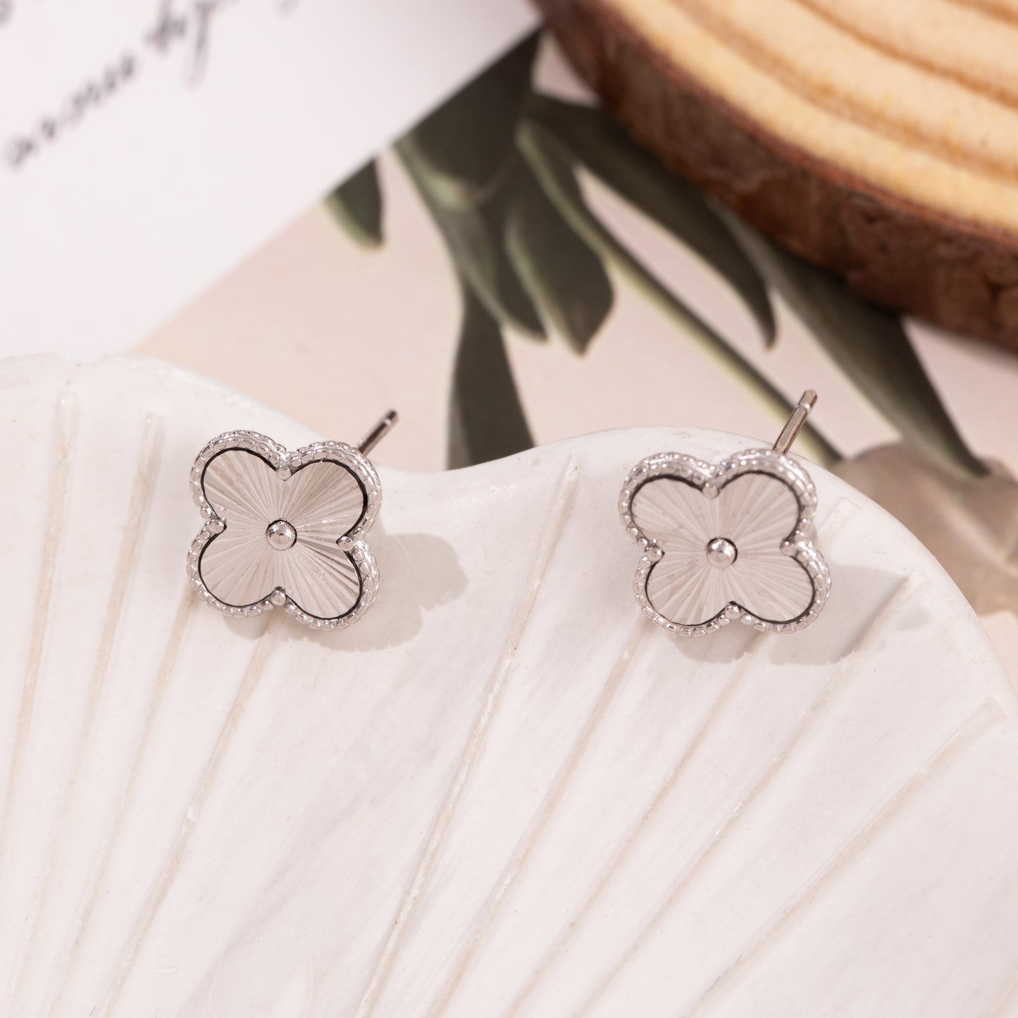 S925 Sterling Silver Clover Four Leaf Earrings White Gold 14K Yellow Gold Plated
