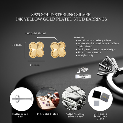 S925 Sterling Silver Clover Four Leaf Earrings White Gold 14K Yellow Gold Plated