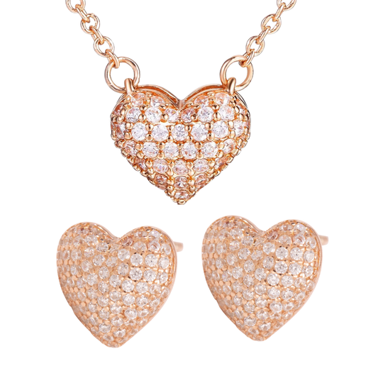 S925 Sterling Silver Pave Heart Rose Gold Plated Jewellery Set